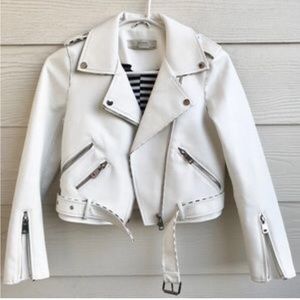 Zara vegan faux moto leather jacket white snakeskin print striped lining size S